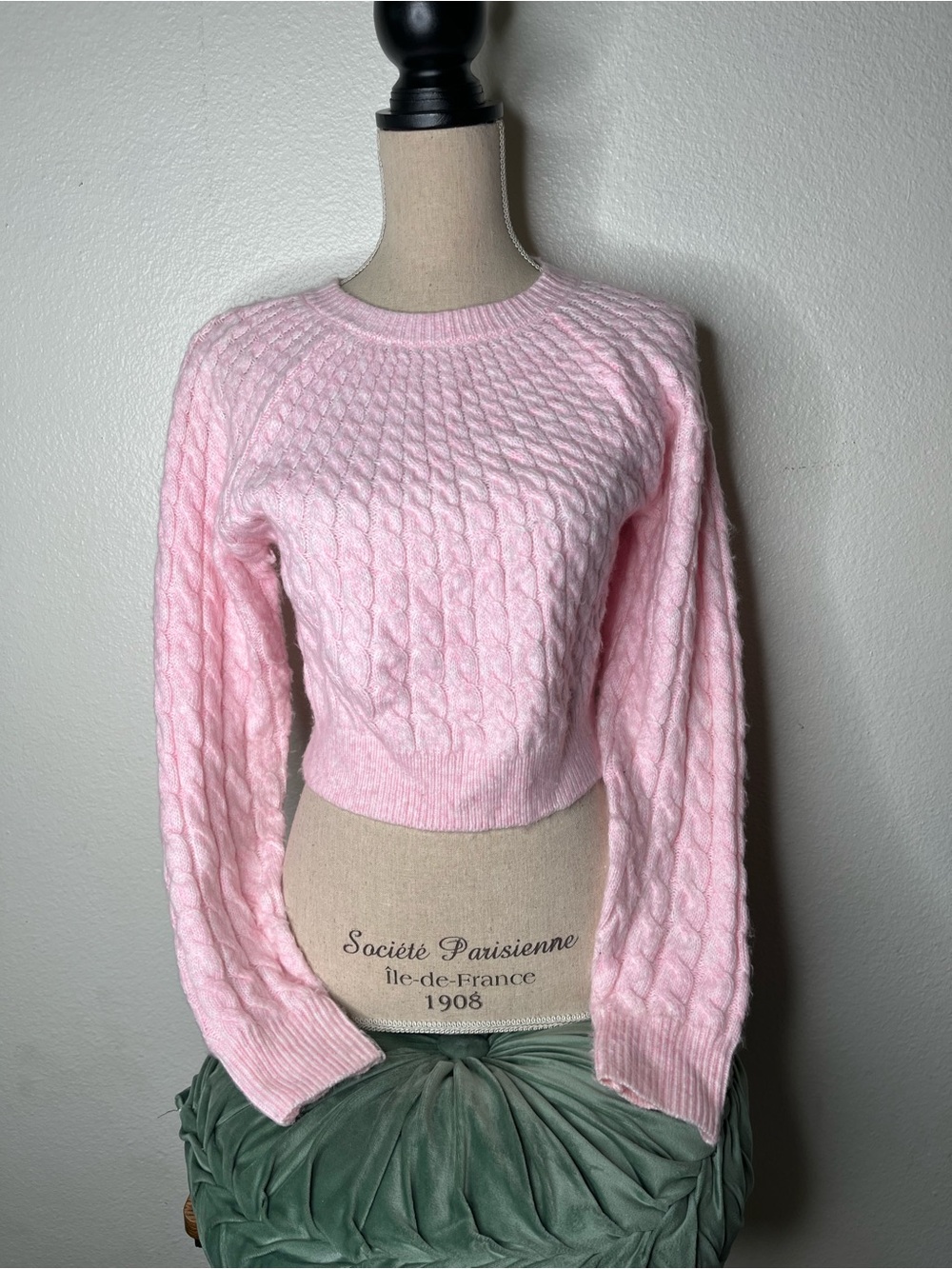 Sincerly Jules Pink Cable Knit Cropped Crew Sweater